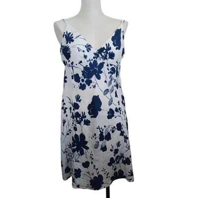 Vestido FLAX de Lino para Mujer Grande Blanco Azul Floral Verano Mini Vestido Popover Foto 1 de 4