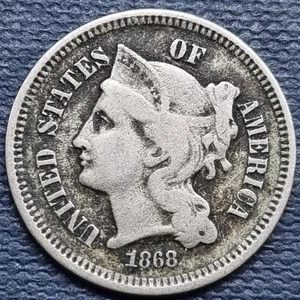 1868 Three Cent Piece 3c Nickel Circulated #93512 - Picture 1 of 2