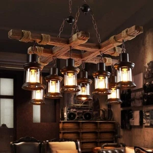 8 Lights Industrial Wood Chandelier Pendant Light Island Hanging Ceiling Fixture - Picture 1 of 7