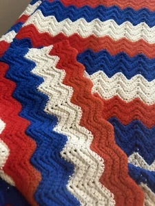 Vtg Crochet Knit Throw Blanket Chevron 36x72 Red White Blue Granny Knit Handmade - Picture 1 of 8