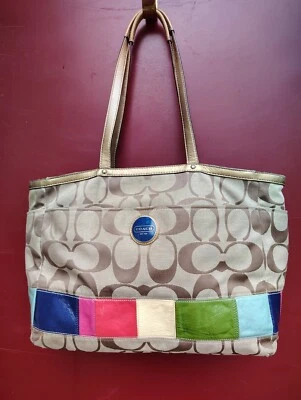 COACH F15587 Taxi Tote Diaper Bag Legacy Stripe Tan Logo Canvas Metallic Leather - Image 1 of 4