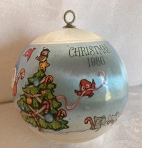 Vintage 1980 Hallmark Grandson Satin Ornament Snowman Tree Raccoons Skating Sled - Picture 1 of 4