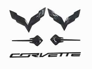 5X Set Fits 2014-2019 Corvette C7 Emblem Front Rear Stingray Cross Flags Black