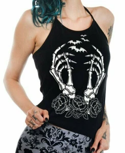 Skeleton Hands Sz XL Graphic Tee Halter Tank Top Goth Horror Gothic Rose Bats - Picture 1 of 2