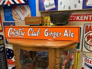 "COUNTRY CLUB GINGER ALE" EMBOSSED METAL ADVERTISING SIGN (31.5"x6") GREAT SIGN - Picture 1 of 10