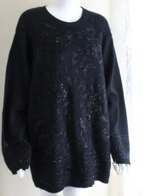NWT Marisa Christina Sz 2X Art Black on Black Beaded Floral Fantasy Sweater WOW - Image 1 of 4