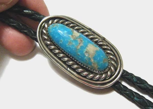 Cravatta vintage Navajo argento sterling 35 mm turchese roccia intrecciata pelle bolo - Foto 1 di 5