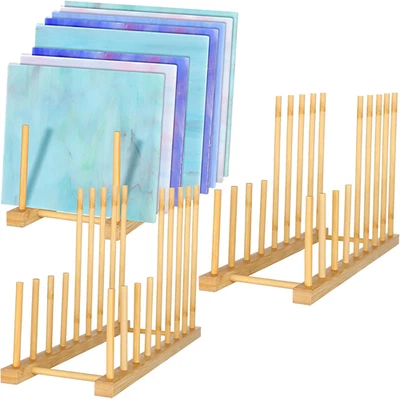 Paquete de 3 organizadores de vitrales de bambú para platos estante soporte de madera espacio Foto 1 de 4