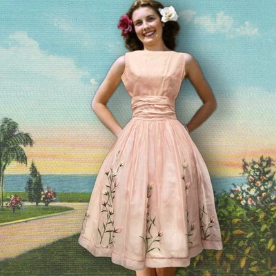 1950s Pale Pink Embroidered Organza Party Dress Floral Appliqué 24” Waist VNTG - Image 1 of 4