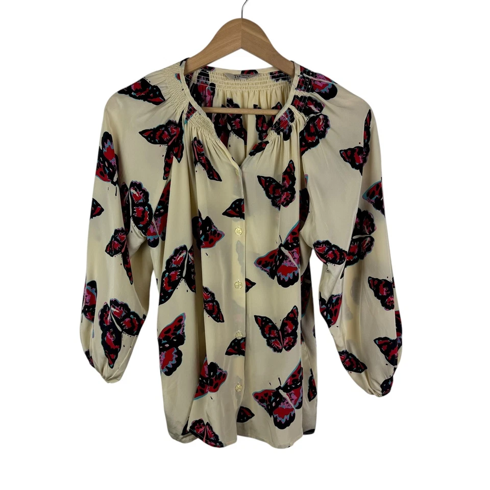 Blusa Tucker 100% Seda Estampado Mariposa Talla XS Calada Ligera Transparente Elegante Foto 1 de 4