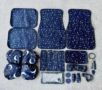 26 Piece Black Stars Moon Car Accessories Steering Wheel Cover Car Seat Covers + - Image 1 of 4
