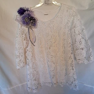 Damart White Lace Top 3/4 Sleeve Embellished Floral Applique 1XL - Picture 1 of 9