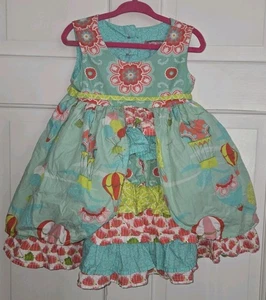 JELLY THE PUG Cotton Hot Air Balloon Print Ruffle Tie Back Layered Dress 24 Mo - Picture 1 of 8