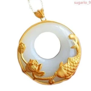 Natural Hetian White Jade Koi Pendant Necklace Retro Craft Women Jewelry - Picture 1 of 1