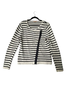 KIER +J Womens Sweater Navy Blue/Cream Striped Asymmetrical Zip Size L - Picture 1 of 6