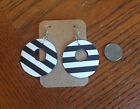 Black And White Stripes Faux Leather/Vinyl Circle/Round Dangle Earrings Hand cut