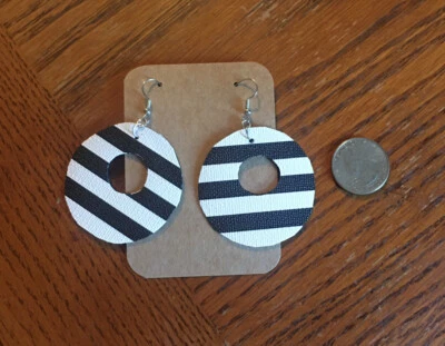 Black And White Stripes Faux Leather/Vinyl Circle/Round Dangle Earrings Hand cut - Image 1 of 2