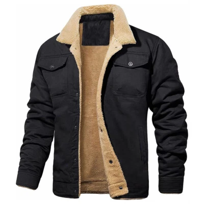 Men's Sherpa Trucker Jacket 5 Pockets Cotton Cargo Work Lapel Collar Winter Coa△ - Image 1 of 4