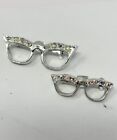 Pair Of VTG Cat Eye Glasses Scatter Pins SilverTone Aurora Borealis Rhinestones