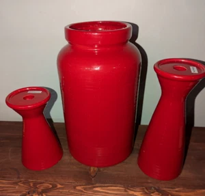 SONOMA Deep Blood Red Large 12" Vase & Two Taper/Pillar Candle Holders - Picture 1 of 12