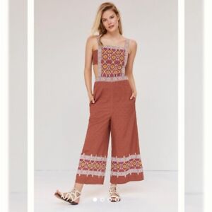 Anthropologie Women Brown Embroidered Wide-Leg Jumpsuit size S Small