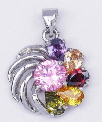 Collar Colgante Molino de Viento Redondo y Lágrima Multicolor Lleno de Oro Blanco de 18K Foto 1 de 4