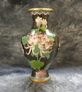 Chinese Cloisonne Bud Vase: Mums and Cherry Blossoms on Black Enamel; 8" Tall - Picture 1 of 12