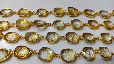 Yellow Rutilated Quartz Briolette Free Shape 12 to 15mm Bezel Connector Chain  - Image 1 of 4