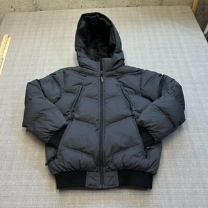 Triple FAT Goose Down Jacket Boys 12 / 14 Dark Grey Puffer Hooded Quilted Blue - Picture 1 of 12