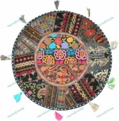 Round Patchwork Embroidered Floor Seating Indian Yellow Floor Cushion Cover - Image 1 of 4