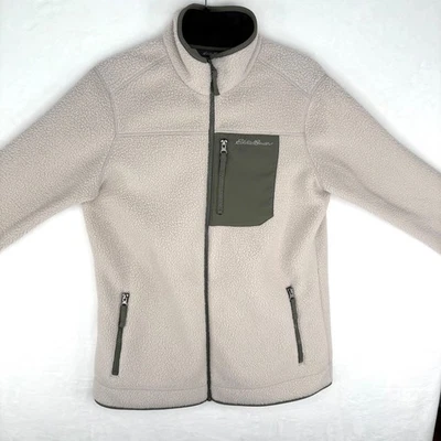 Chaqueta polar Eddie Bauer para mujer cremallera completa cuello falso beige verde bolsillos Foto 1 de 4