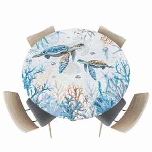 Marine Round Fitted Tablecloth Elastic Edged Table Cover,Turtle Coral Seaweed... - Picture 1 of 6