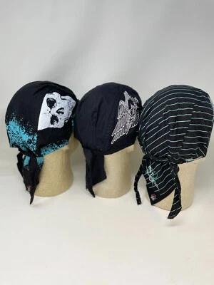 头巾 Durag Doo Rag 骑手套装 3 件套头骨刺绣细条纹美国鹰 — 第 1/4 张图片