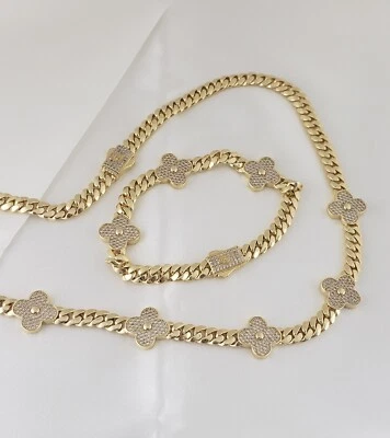 Juego de collar y pulsera gargantilla cubana flor trébol circonita chapado en oro de 14K  Foto 1 de 2