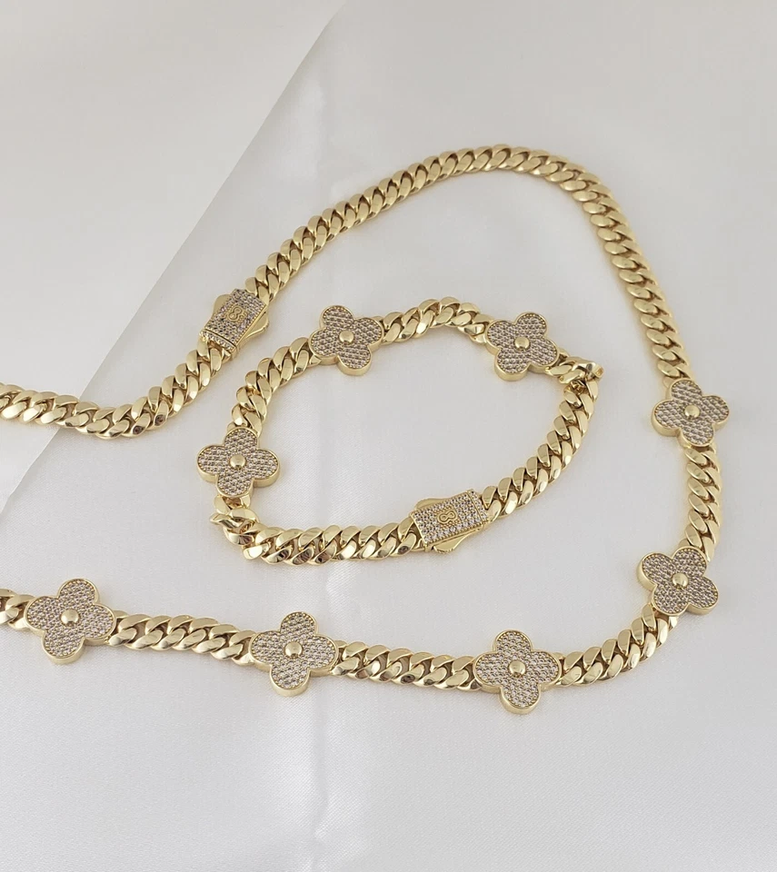 14K Gold Plated Cz Clover Flower Cuban Choker Chain Necklace And Bracelet Set  - Image 1 of 2