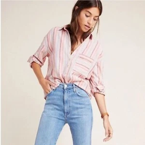 Camicetta Maeve by Anthropologie Lida misto lino a righe 1/4 bottoni rosa bianco M - Foto 1 di 11
