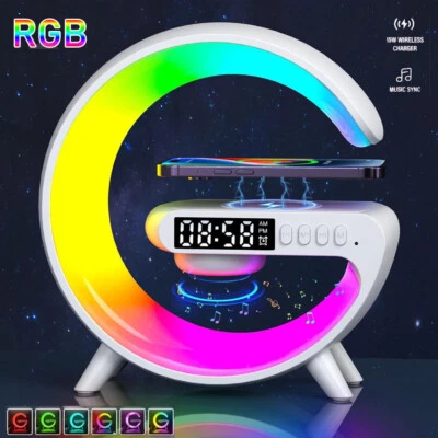 Smart Wireless Charger with Alarm Night Light Lamp Bluetooth Speaker with RGB - Image 1 of 4