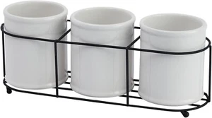 Creative Co-Op Farmhouse Ceramic Crocks in Metal Holder, White and Black - Picture 1 of 5