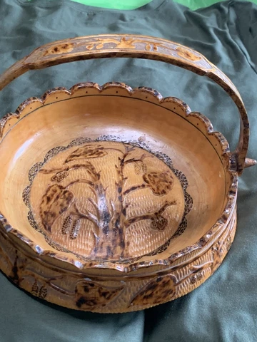 Vintage Ornately Hand Carved Faux Wood Handled Basket~Folk Art Primitive~9” Cover
