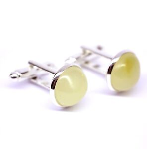 Silver Color Cuff-links With Butter Color Natural Baltic Amber