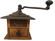 Antique Parker National Coffee Mill Model 402 Wood Box Hand Crank W. Geared Lid