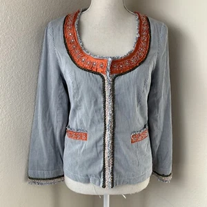 Free People Boho-Jacke Damen Größe 10 blau weiß gestreift Perlen orange Fransen - Bild 1 von 12