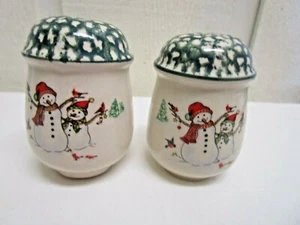 Salt & Pepper Shaker Winterland Green by THOMSON Pottery Snowman Holidays - Picture 1 of 3