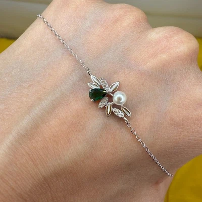 Pulsera de plata de ley 925 4x3 mm piedras preciosas de diopsido circón joyería nupcial para mujer Foto 1 de 4