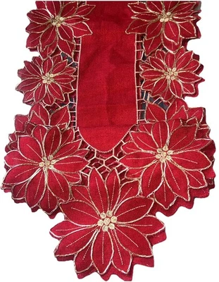 Rachel Ashwell Lined Red Christmas Table Runner Gold Embroidery - Image 1 of 4