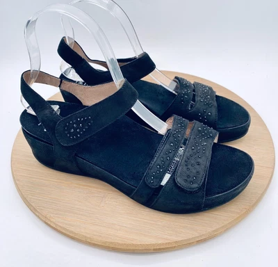 Abeo Gabrielle Sandals Womens 9 Black Leather Orthotic Wedge Peep Sequins - Image 1 of 4