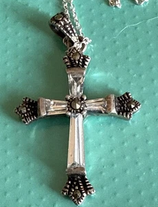Sterling Silver Marcasite 1”925 cross pendant 16”chain - Picture 1 of 4