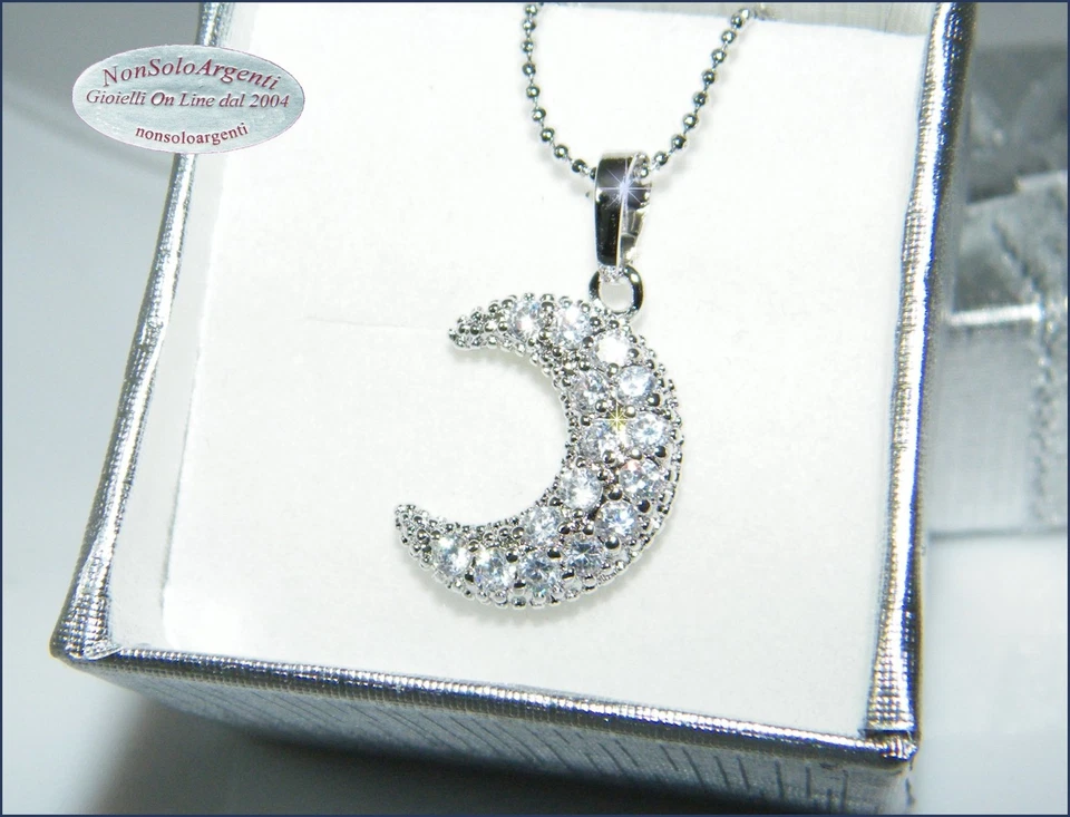 collana palline diamantate ciondolo luna pavè di zirconi bianchi rodiata 18kfg - Immagine 1 di 1