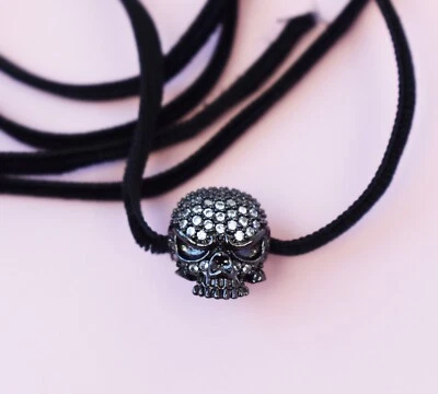 Thin black velvet collar choker necklace with crystal skull charm - Image 1 of 4