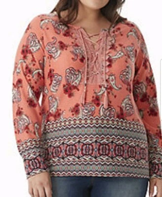 Top con cordones estampado de bordes Lara vintage America informal azul para mujer talla XLarge Foto 1 de 4